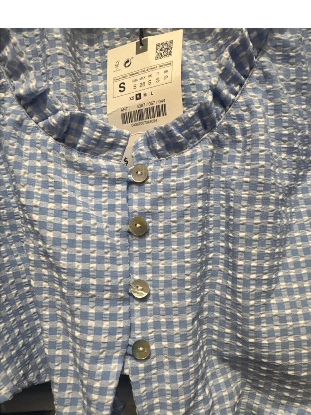 Zara Light Blue Gingham Tie-Front Puff Sleeve Blouse